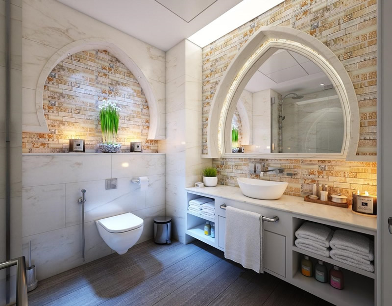 A bathroom with tiles on the floor